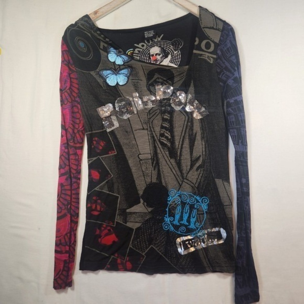 Desigual Womens Long Sleeve Rainbow Sequin Butterfly‎ Mixed Media Graphic Top